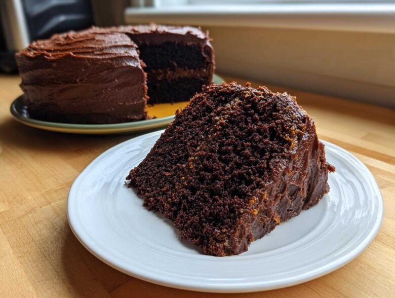 A generous slice of moist german chocolate cake with thick chocolate frosting sits on a white plate.