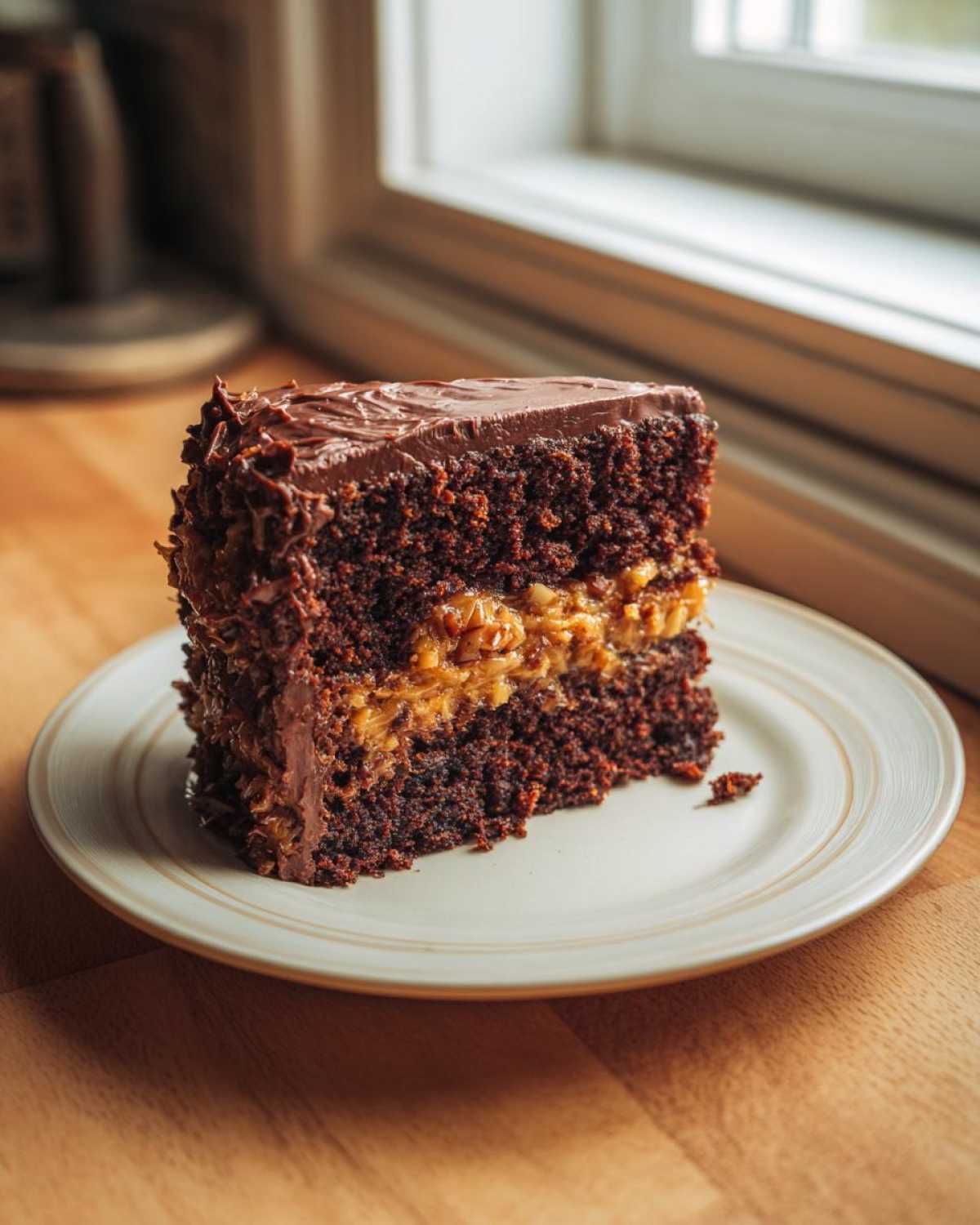 A moist slice of german chocolate cake featuring dark layers and a thick, gooey coconut-pecan filling.