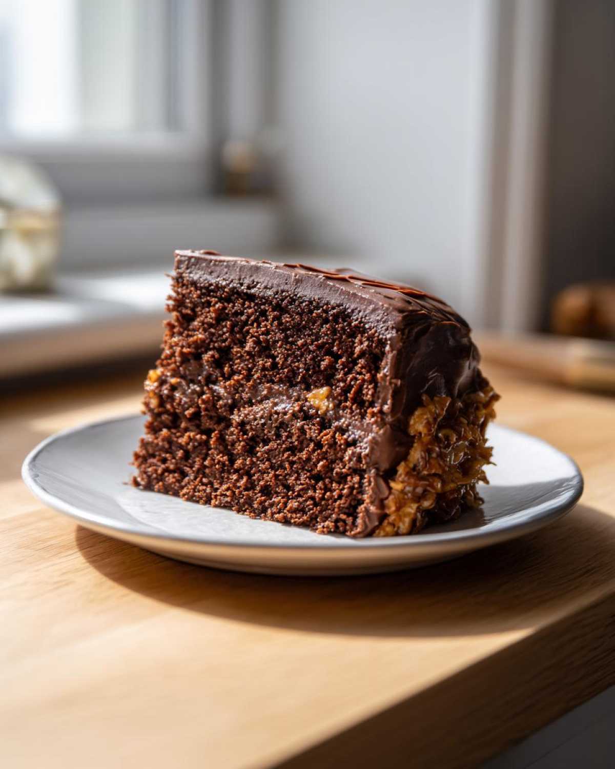 A decadent slice of german chocolate cake featuring dark chocolate layers and a coconut-pecan frosting.