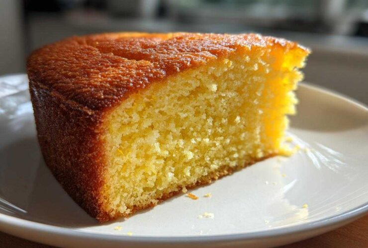 Close-up of a moist slice of golden olive oil cake showing its fine crumb texture, served on a white plate.