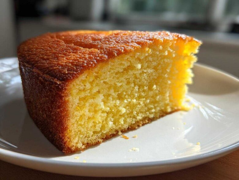Close-up of a moist slice of golden olive oil cake showing its fine crumb texture, served on a white plate.