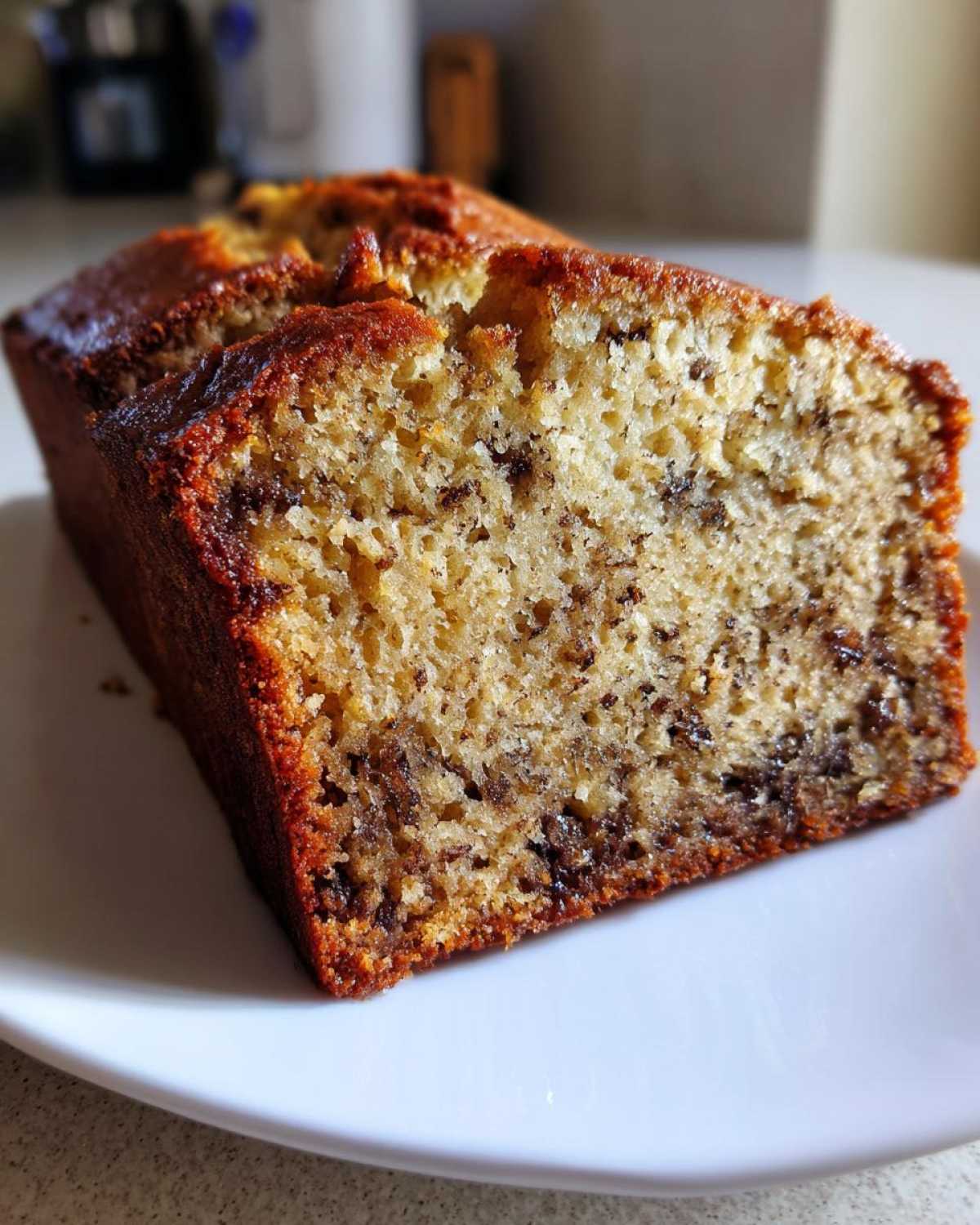 Close-up of a thick slice of Incredibly Moist Banana Bread showing a tender crumb and melted chocolate chips.