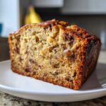 Close-up of a thick slice of incredibly moist banana bread showing a tender crumb and dark, caramelized edges.