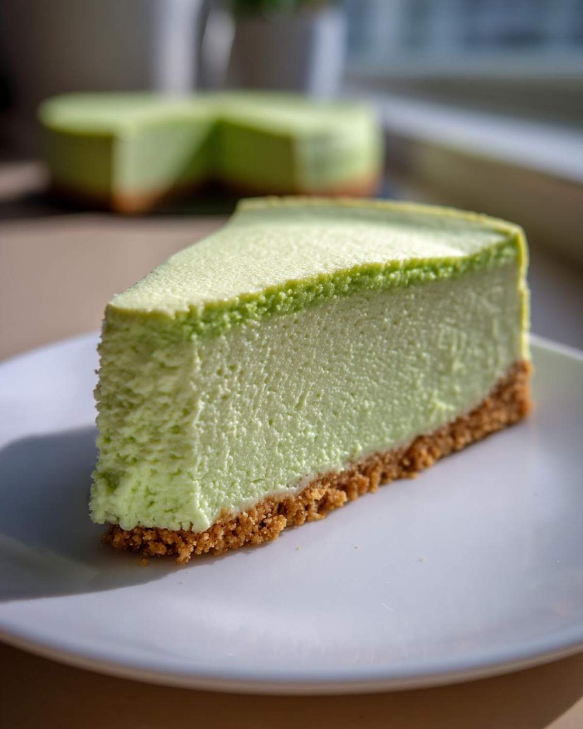 A close-up slice of vibrant green key lime cheesecake sitting on a white plate, showing the thick graham cracker crust.