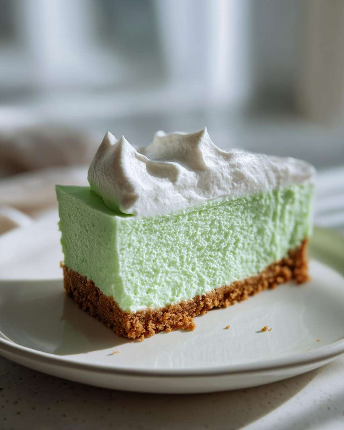 A close-up of a perfect slice of bright green key lime cheesecake on a white plate, topped with whipped cream.