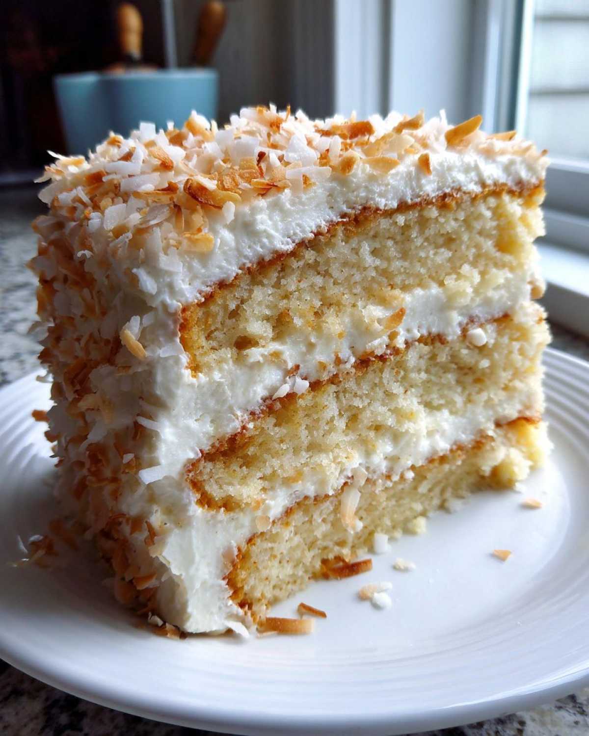 A tall slice of moist, three-layer coconut cake covered in white frosting and toasted coconut flakes.