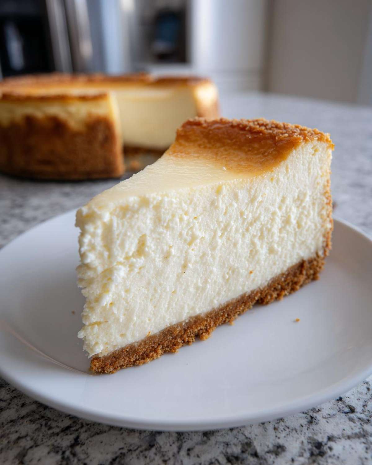 A close-up of a thick slice of creamy new york cheesecake with a graham cracker crust on a white plate.