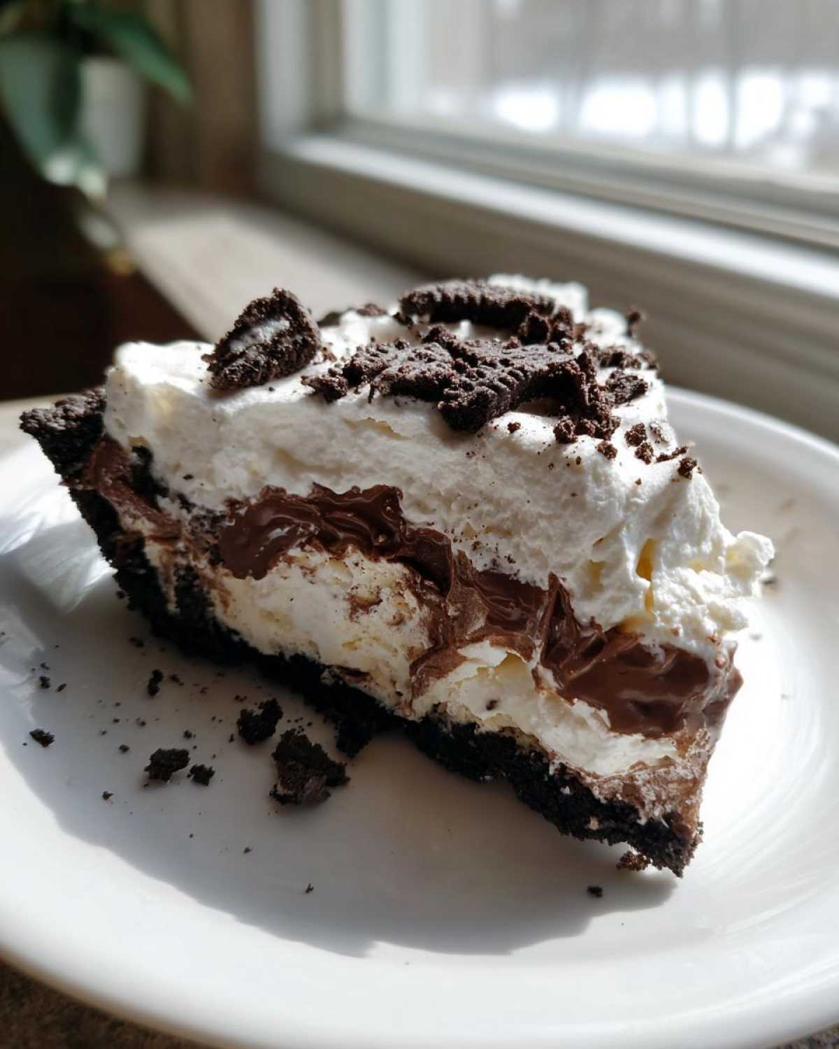 A close-up slice of no bake oreo pie showing layers of chocolate filling and whipped cream, topped with crushed cookies.