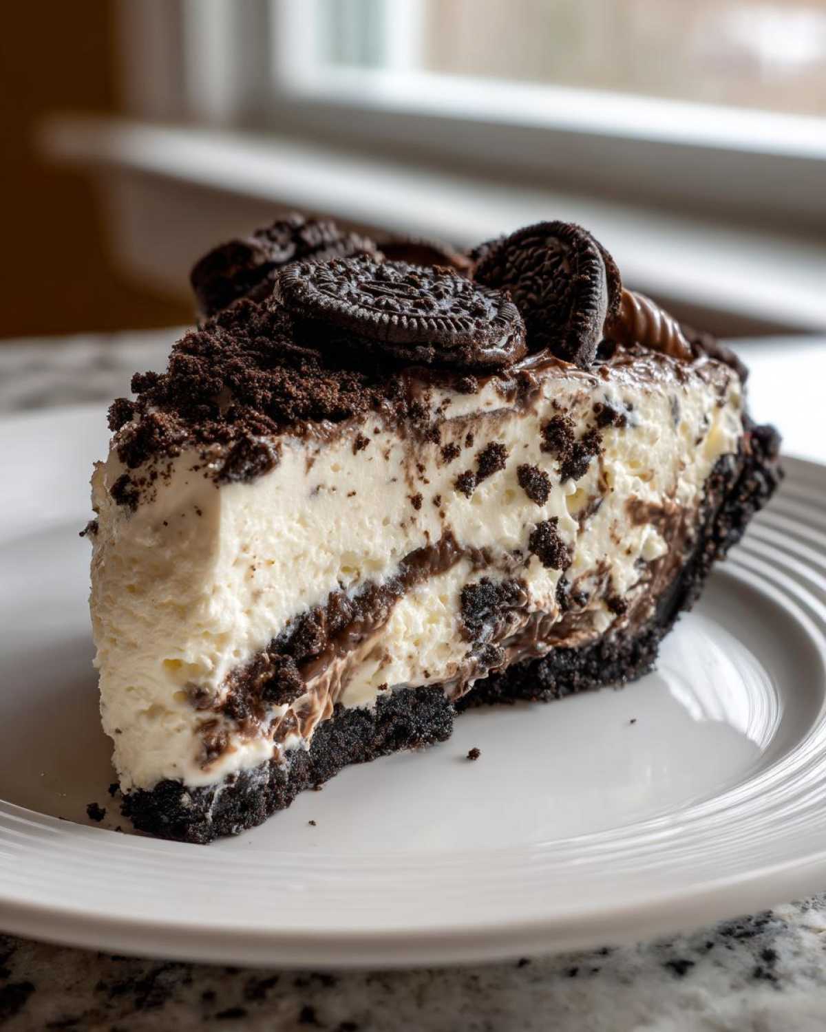 A generous slice of no bake Oreo pie showing creamy filling, chocolate layers, and Oreo cookie topping on a white plate.