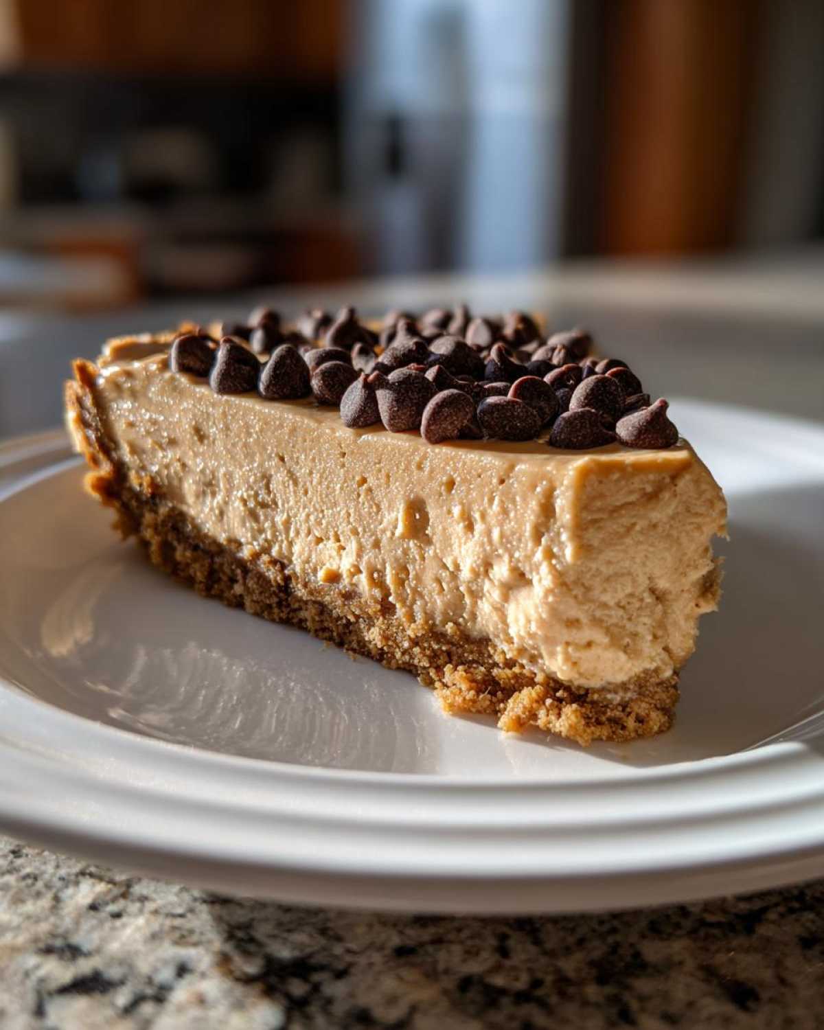 A perfect slice of no bake peanut butter pie featuring a thick, creamy filling and a graham cracker crust topped with mini chocolate chips.