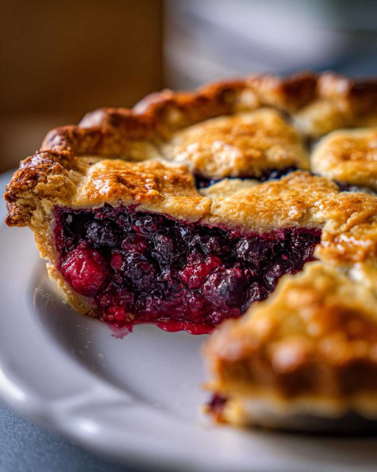 Close-up of a slice of berry pie showing juicy filling and a golden brown lattice crust.