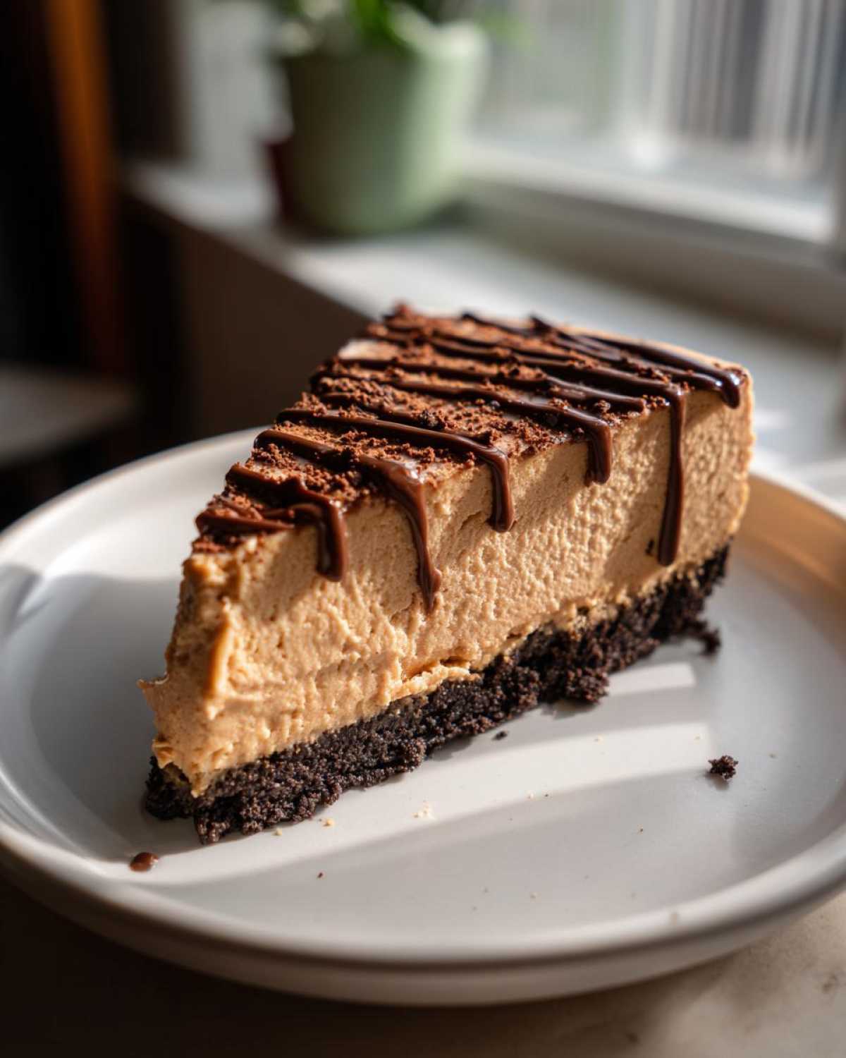 A rich slice of creamy biscoff cheesecake with a dark crust, drizzled with chocolate sauce.