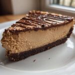 A close-up slice of creamy, light brown biscoff cheesecake on a white plate with a chocolate drizzle topping.