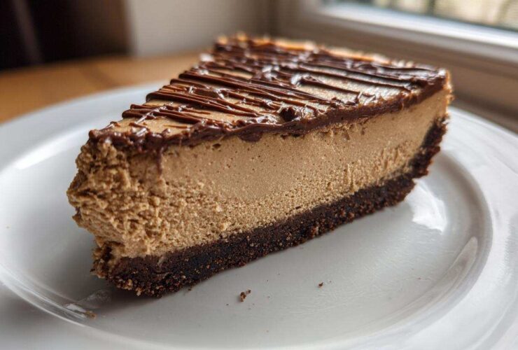 A close-up slice of creamy, light brown biscoff cheesecake on a white plate with a chocolate drizzle topping.