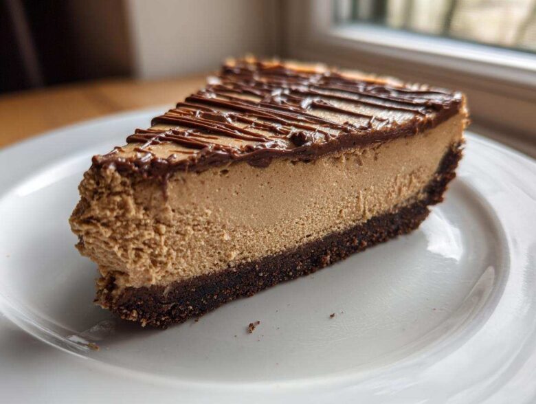 A close-up slice of creamy, light brown biscoff cheesecake on a white plate with a chocolate drizzle topping.