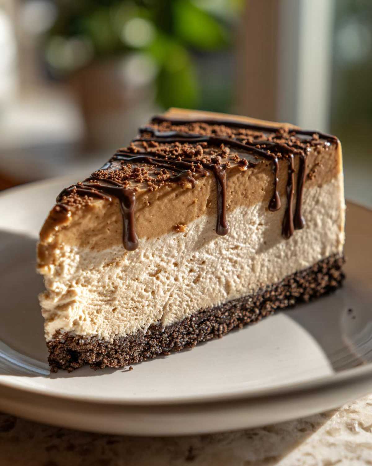 A perfect slice of layered biscoff cheesecake with a dark crust, light filling, and brown topping drizzled with chocolate.