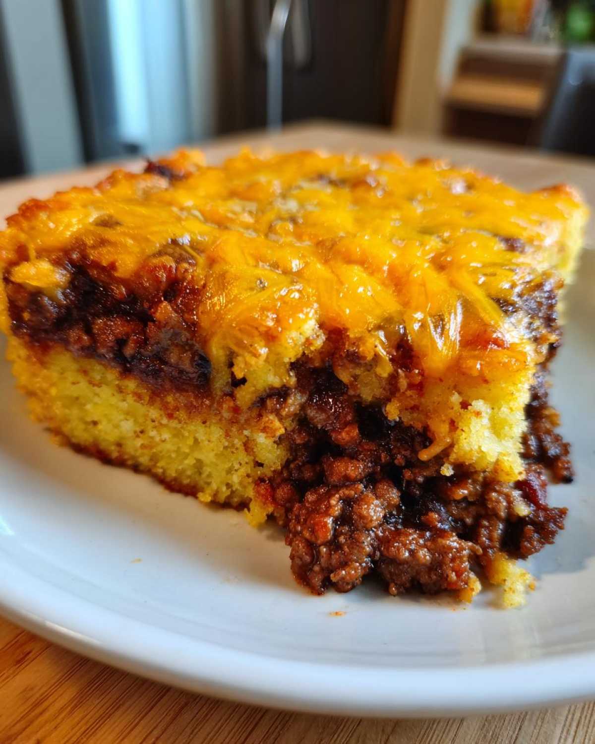 Close-up of a thick slice of tamale pie showing a cornbread base, savory meat filling, and melted cheddar cheese topping.