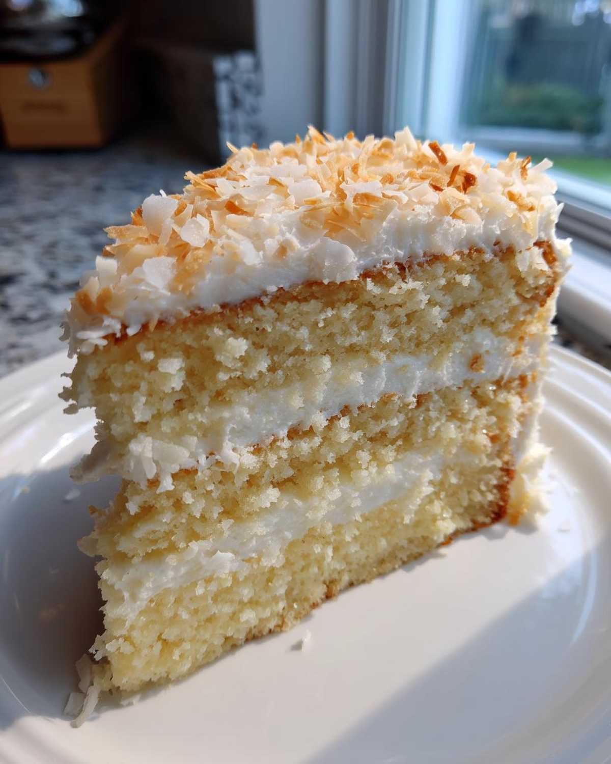 A close-up slice of layered coconut cake with white frosting and toasted coconut flakes on top.