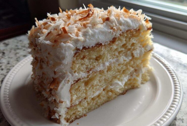 A moist slice of layered coconut cake with white frosting and toasted coconut flakes on top.