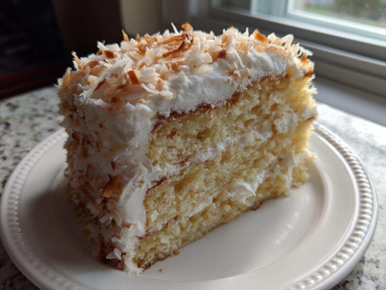 A moist slice of layered coconut cake with white frosting and toasted coconut flakes on top.