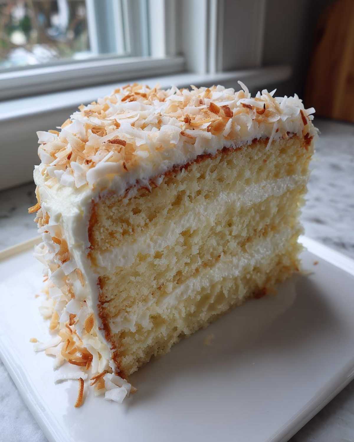 A moist slice of layered coconut cake with white frosting and toasted coconut flakes on top.