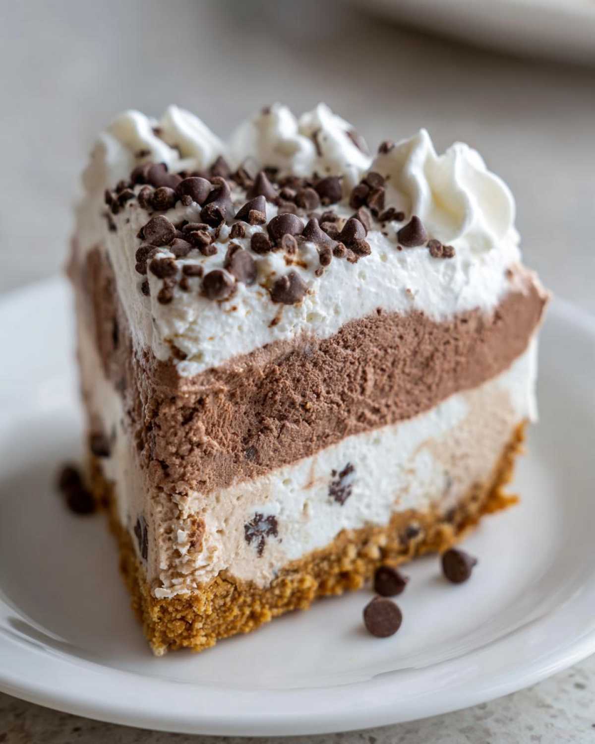 A tall slice of layered ice cream cake featuring chocolate, vanilla, and a graham cracker crust, topped with whipped cream and mini chocolate chips.
