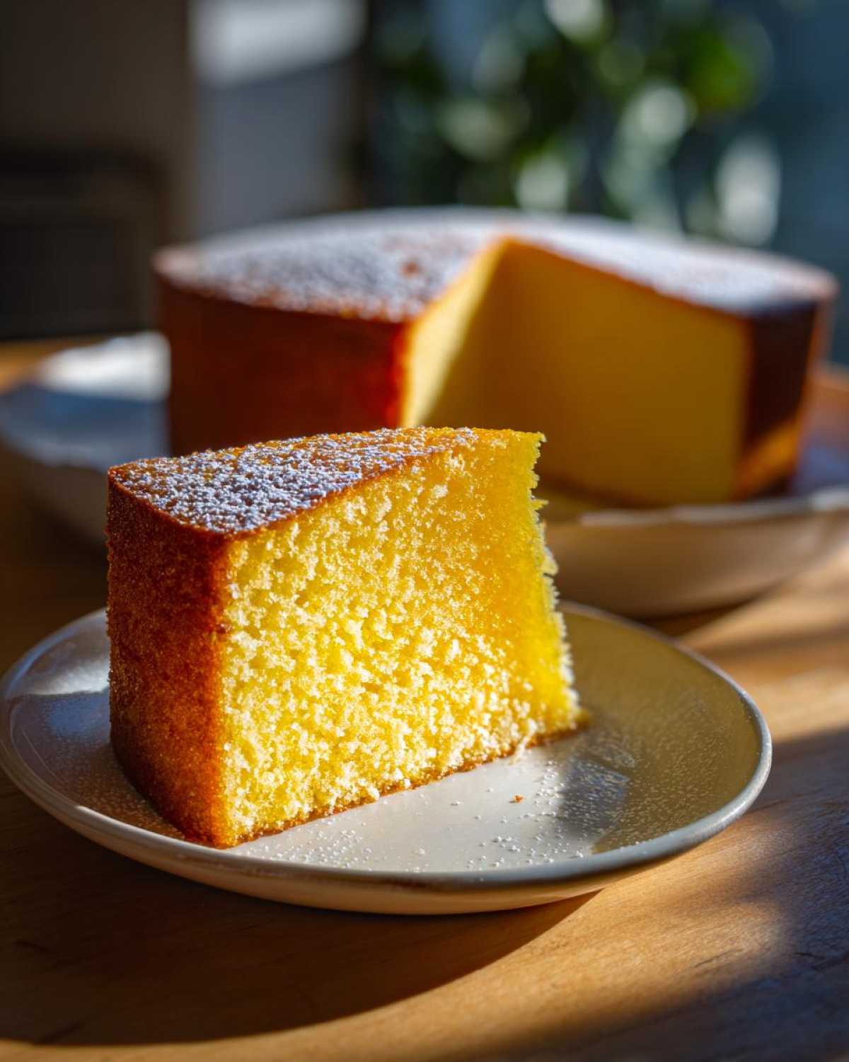 A close-up of a moist slice of bright yellow olive oil cake dusted with powdered sugar, with the rest of the cake in the background.