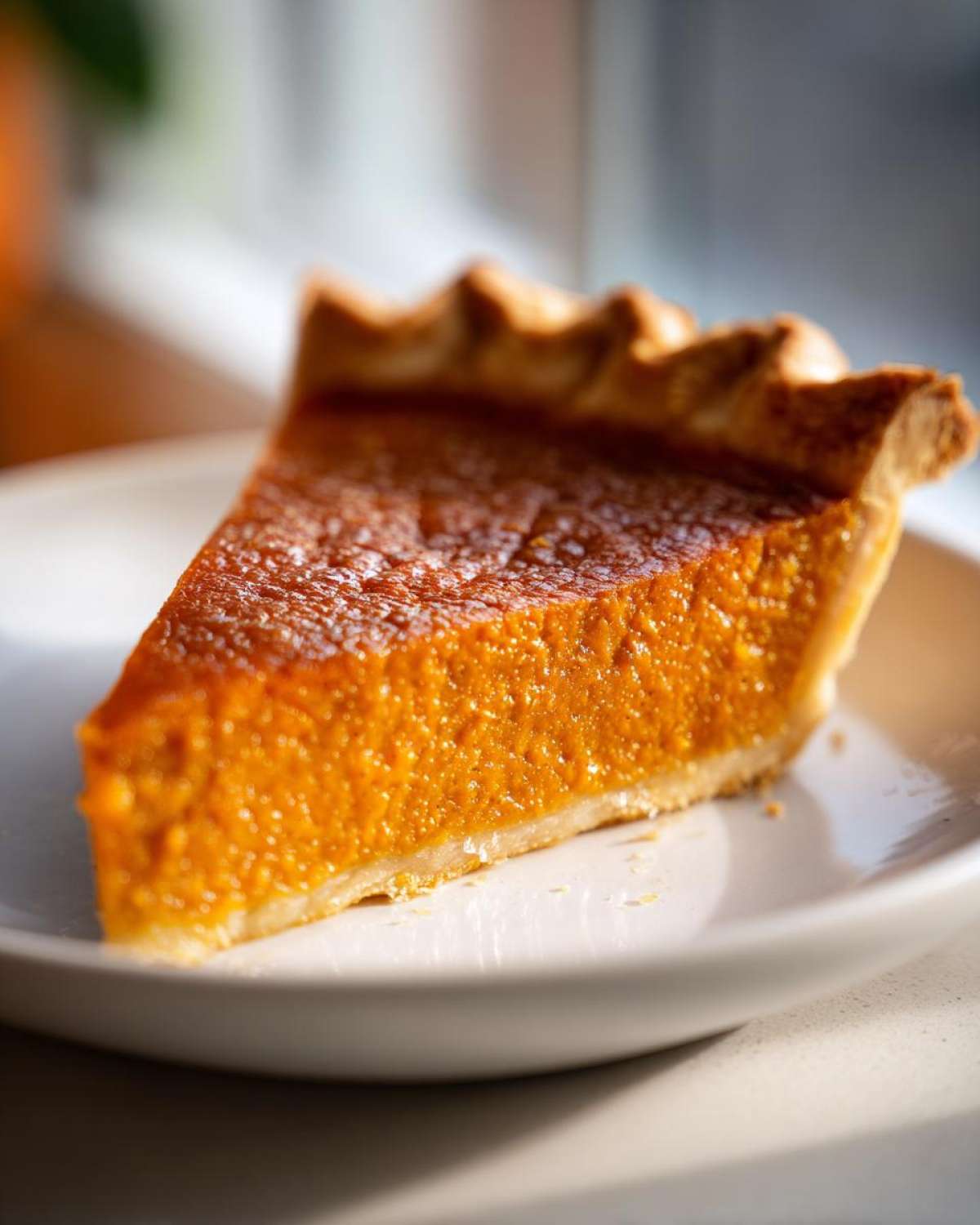 Close-up of a perfectly baked slice of sweet potato pie showing its rich orange filling and flaky crust.