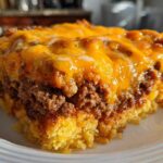 Close-up of a hearty slice of tamale pie featuring a cornbread base, seasoned meat filling, and melted cheddar cheese topping.