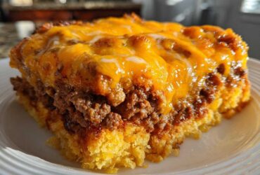 Close-up of a hearty slice of tamale pie featuring a cornbread base, seasoned meat filling, and melted cheddar cheese topping.