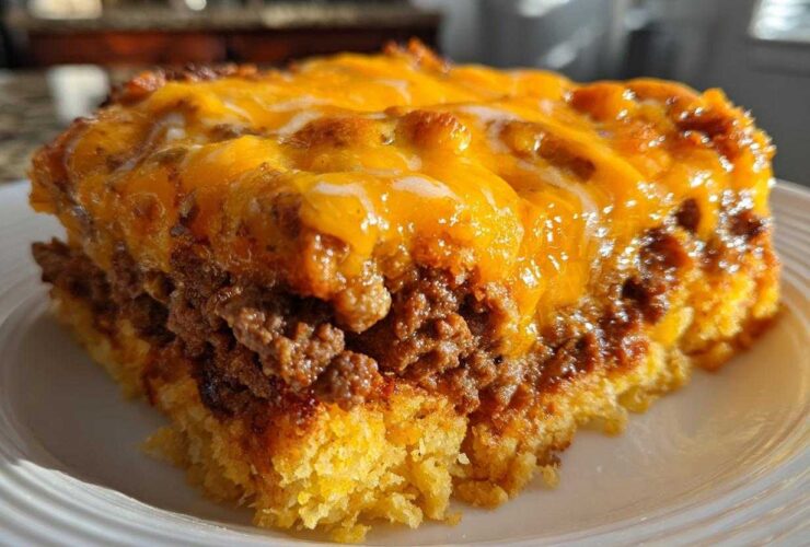 Close-up of a hearty slice of tamale pie featuring a cornbread base, seasoned meat filling, and melted cheddar cheese topping.