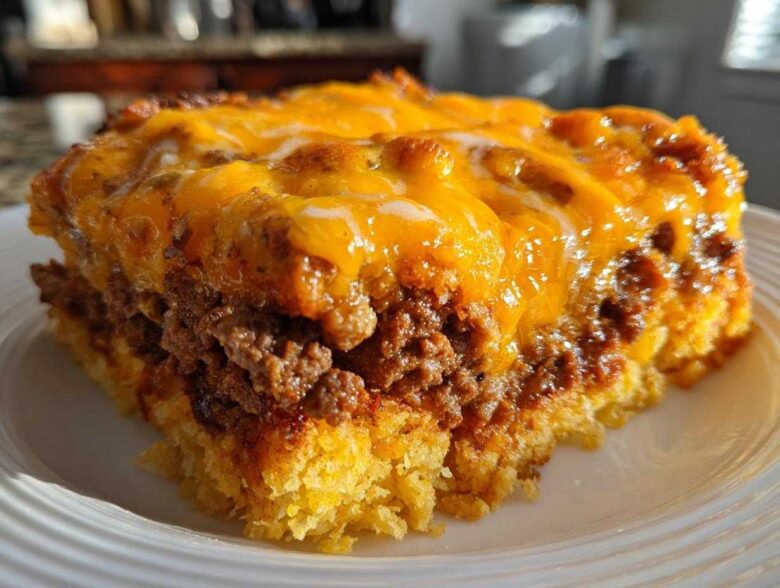 Close-up of a hearty slice of tamale pie featuring a cornbread base, seasoned meat filling, and melted cheddar cheese topping.