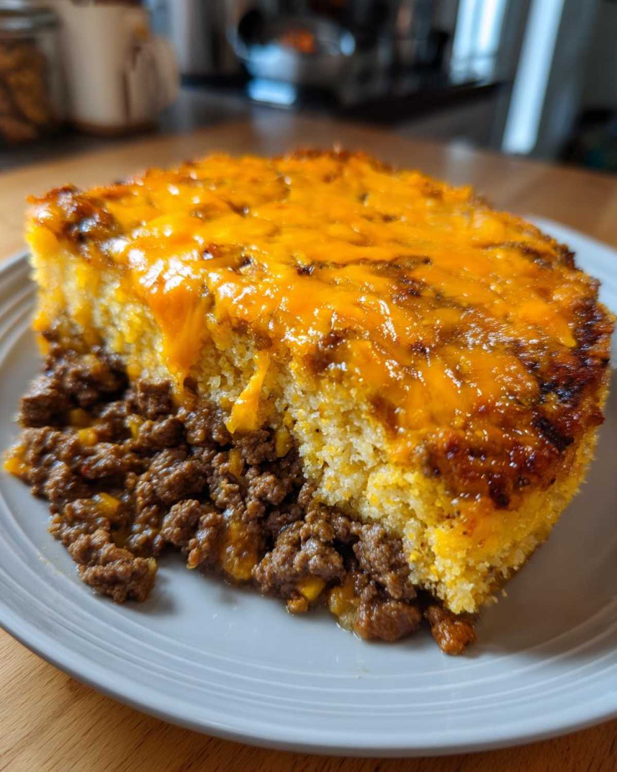 A thick slice of tamale pie showing the seasoned ground beef filling and a golden cornbread top covered in melted cheddar cheese.