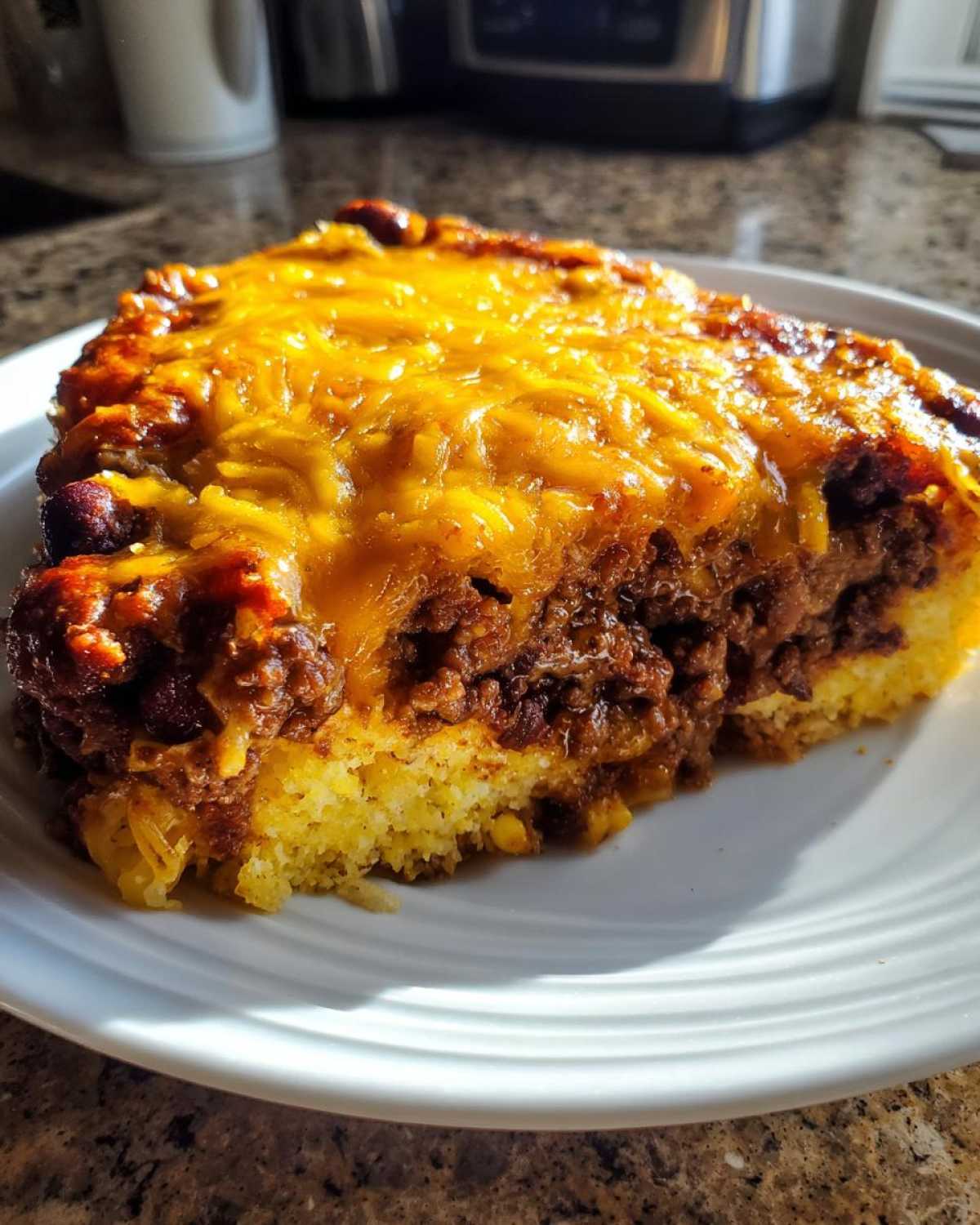 A close-up slice of hearty tamale pie featuring a thick layer of seasoned meat and beans topped with melted cheddar cheese.