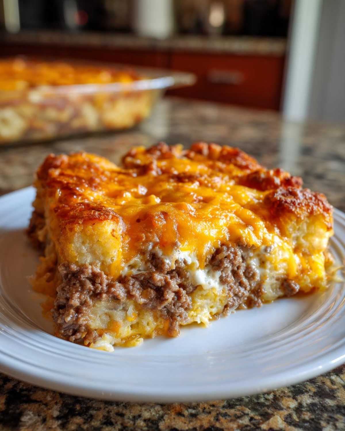 A close-up slice of cheesy tater tot casserole featuring ground beef and a golden-brown topping.
