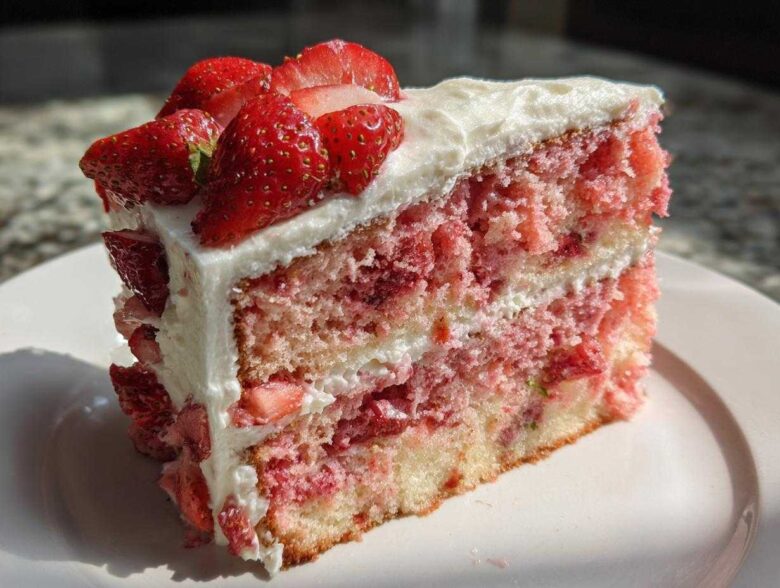 A moist, layered slice of strawberry cake with white frosting and topped with fresh sliced strawberries.