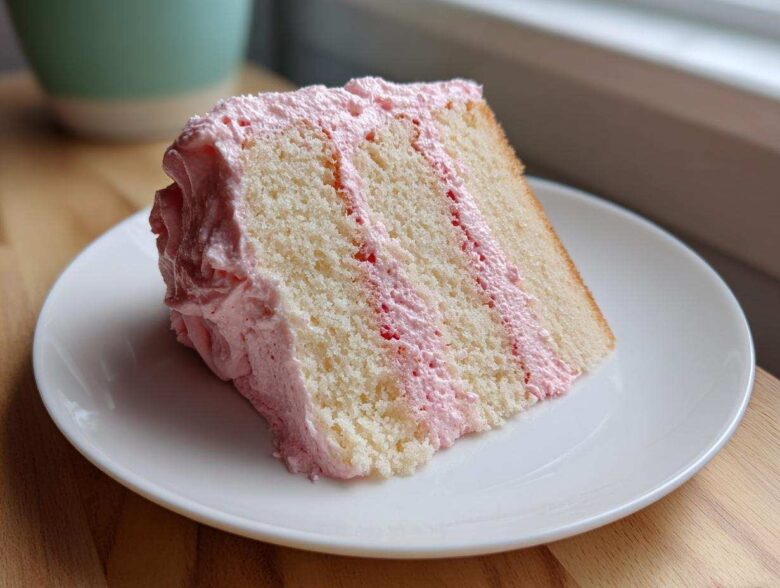A perfect slice of Strawberry Whipped Cream Cake showing layers of white cake and pink frosting.