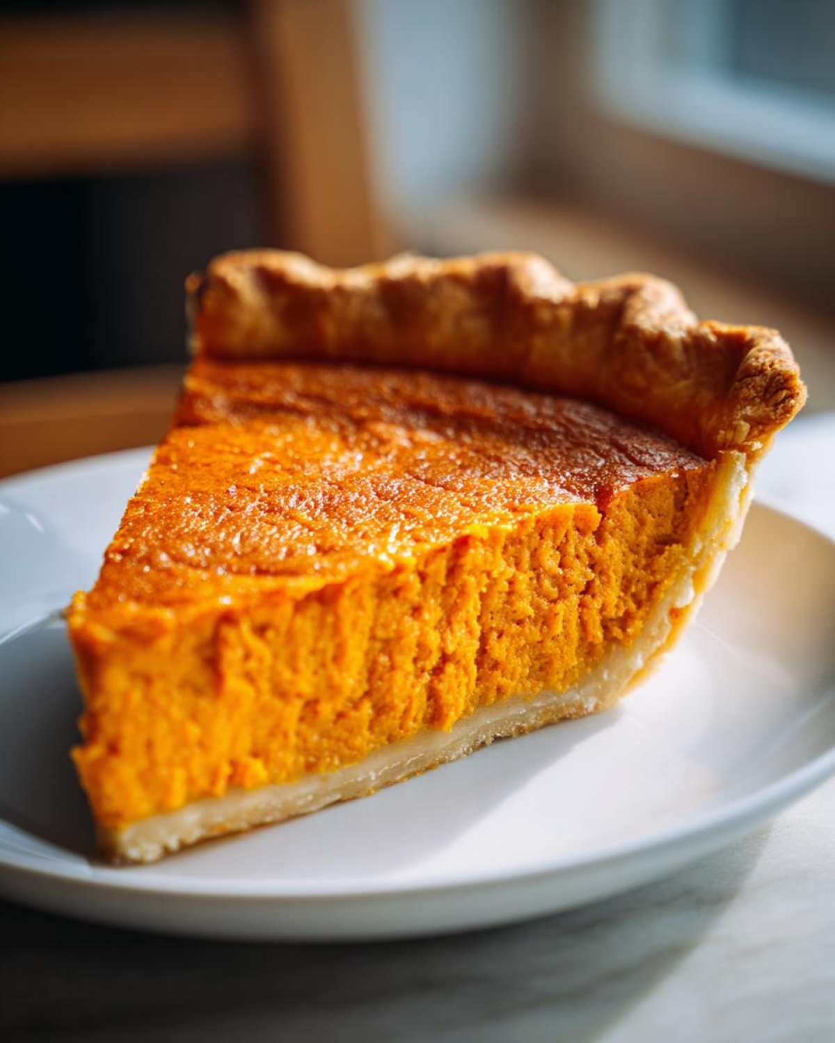 A close-up of a thick, vibrant orange slice of sweet potato pie with a flaky crust on a white plate.