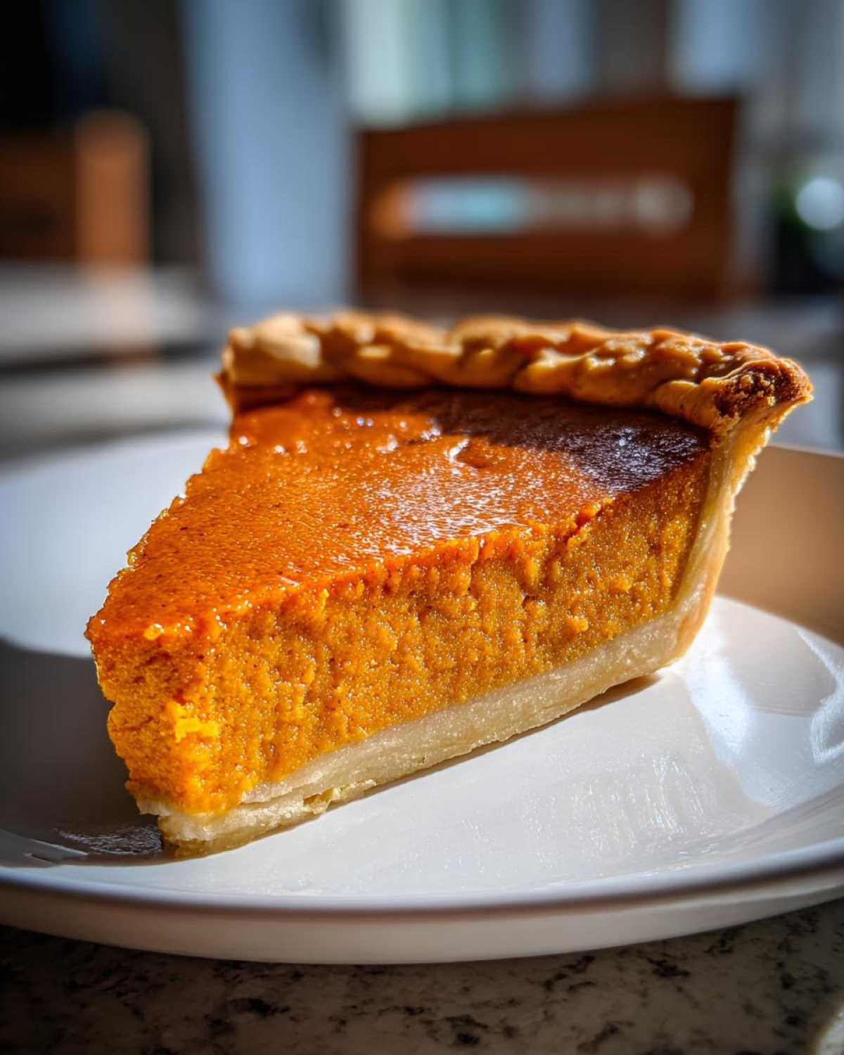 A close-up side view of a thick slice of rich, orange sweet potato pie with a flaky crust, sitting on a white plate.