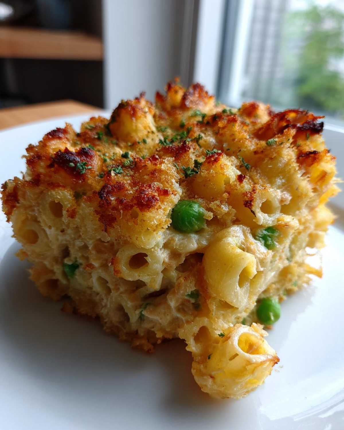 A square slice of creamy tuna pasta bake featuring elbow macaroni, green peas, and a golden, crispy breadcrumb topping.