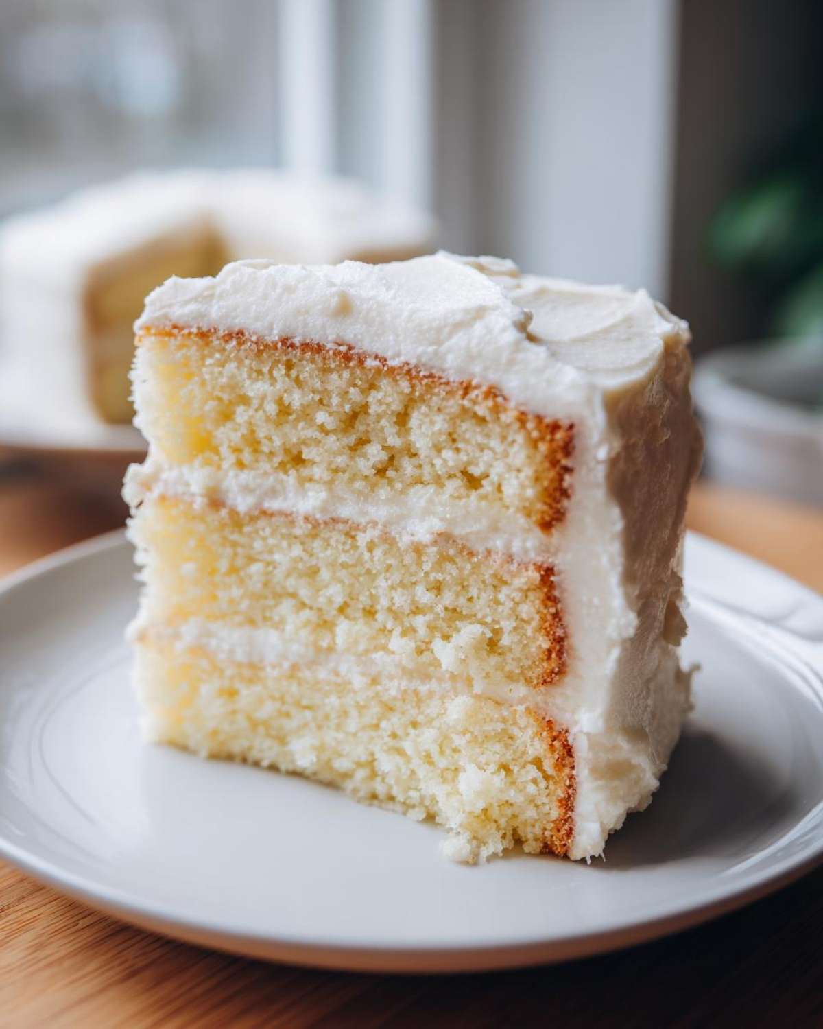 Close-up of a moist slice from a two-layer vanilla cake recipe, covered in thick white buttercream frosting.