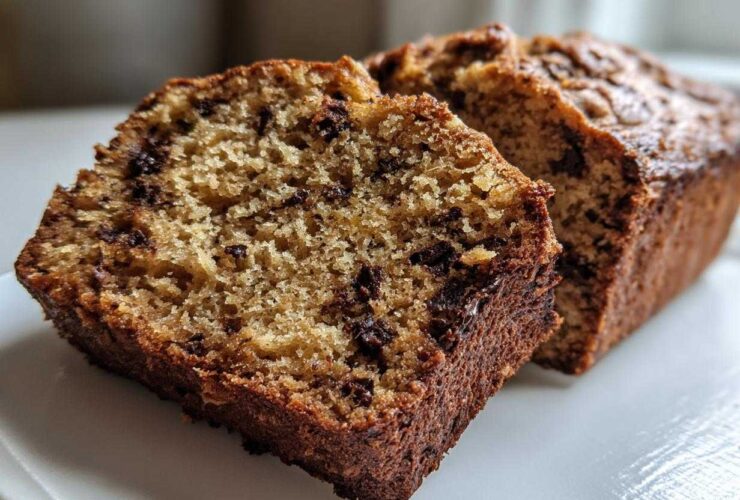 A close-up view of two slices of moist vegan banana bread studded with chocolate chips on a white plate.