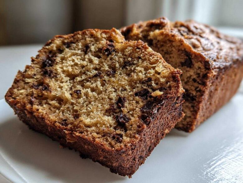 A close-up view of two slices of moist vegan banana bread studded with chocolate chips on a white plate.