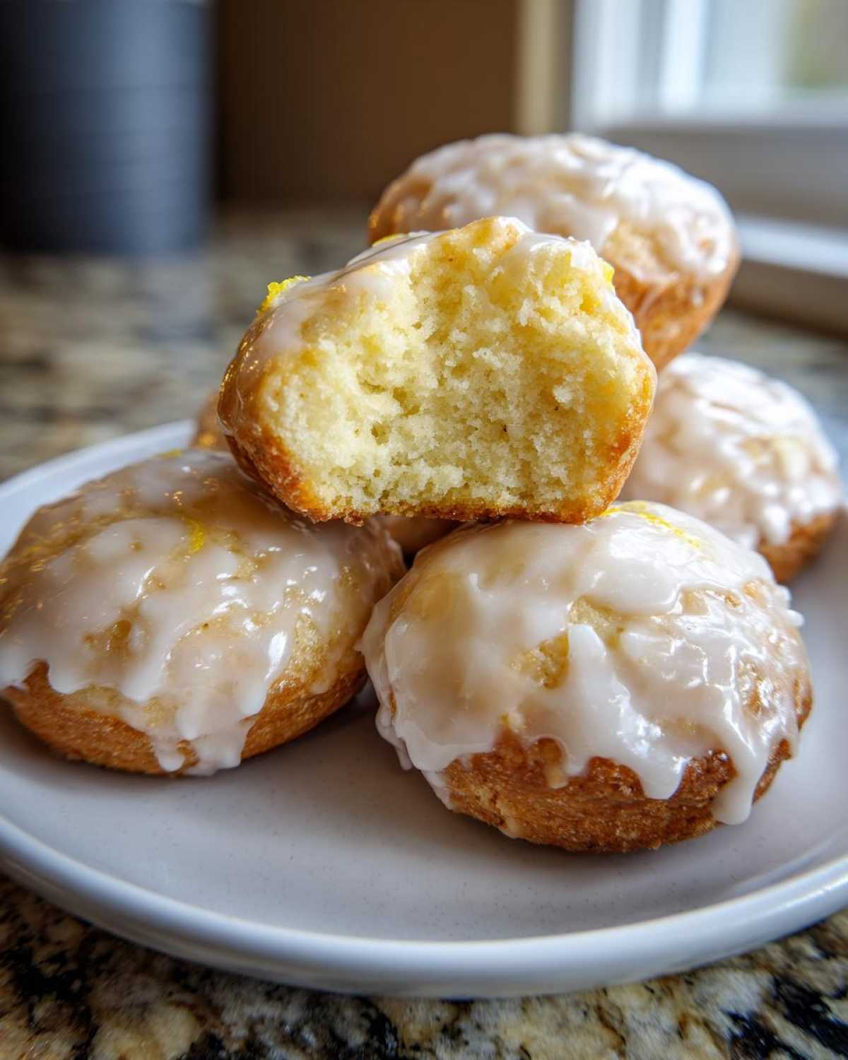 Close-up of soft Italian ricotta cookies piled on a plate, one cookie broken open showing the fluffy interior and topped with white lemon glaze.