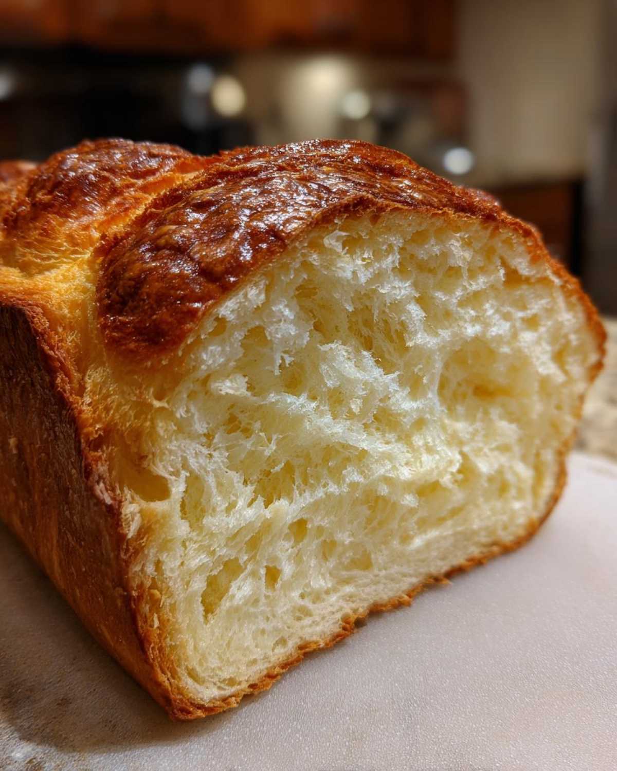Close-up of a freshly baked japanese milk bread loaf cut open, showing its incredibly soft, fluffy, and stringy interior crumb.