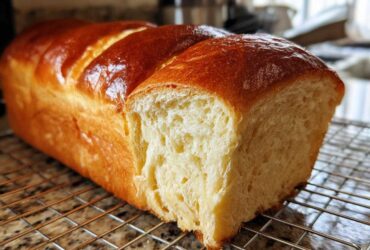 A freshly baked, golden-brown Japanese milk bread loaf with a slice cut off, showing its fluffy interior, cooling on a wire rack.