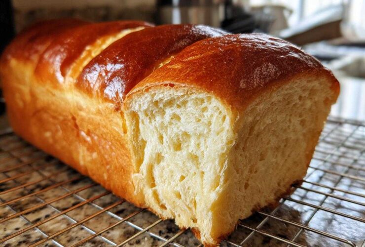 A freshly baked, golden-brown Japanese milk bread loaf with a slice cut off, showing its fluffy interior, cooling on a wire rack.
