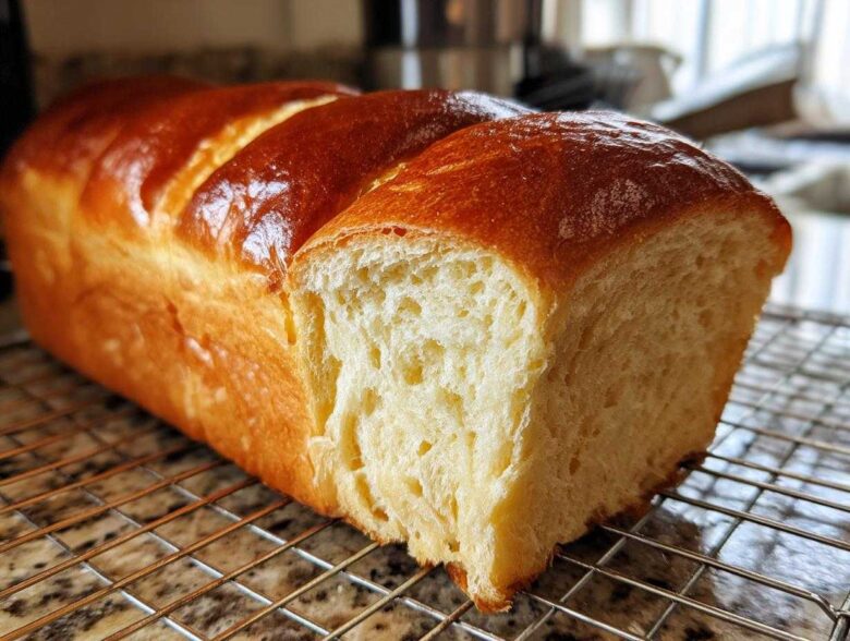 A freshly baked, golden-brown Japanese milk bread loaf with a slice cut off, showing its fluffy interior, cooling on a wire rack.