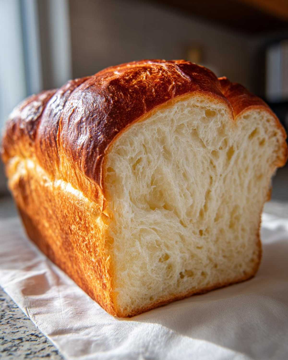 Close-up of a freshly baked loaf of japanese milk bread, showing its incredibly soft, white, and fluffy interior crumb.