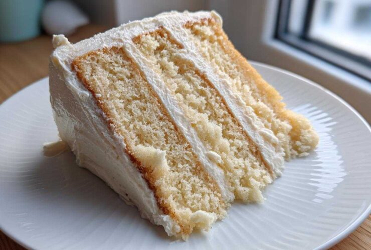 Close-up of a moist, three-layer slice of vanilla cake recipe with thick white frosting.